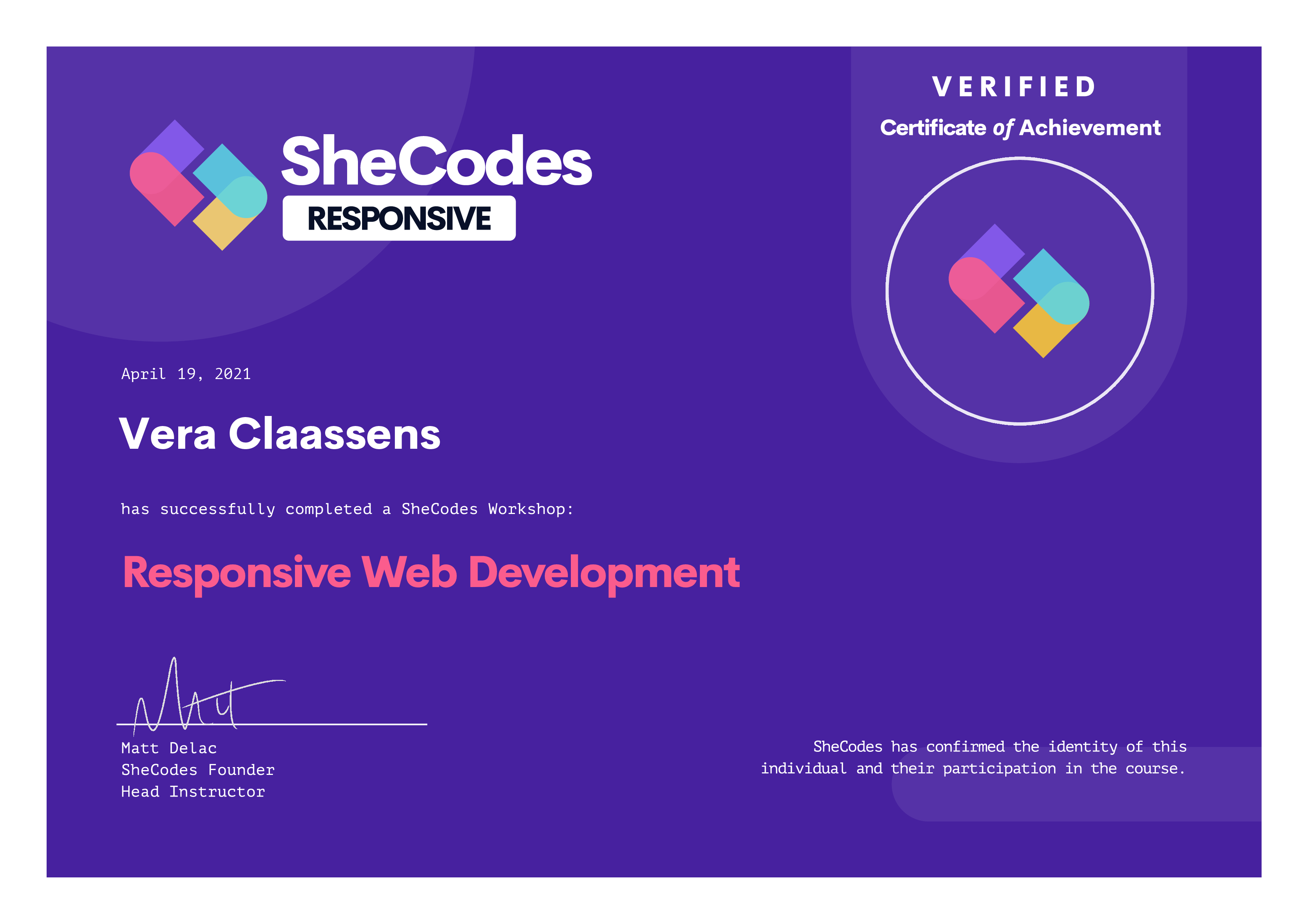 Vera Claassens SheCodes Responsive Certificate